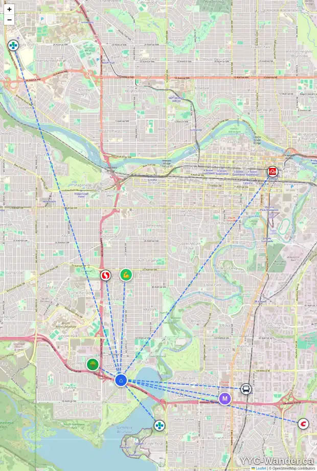 Daily accessibility map for 2220 LANGRIVILLE DR SW, Calgary showing nearby schools, grocery stores, parks, LRT stations and nearby amenities