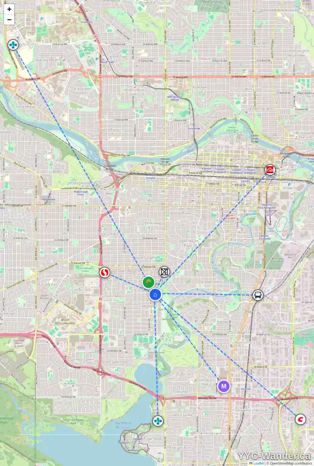 Daily accessibility map for 4104 15A ST SW, Calgary showing nearby schools, grocery stores, parks, LRT stations and nearby amenities