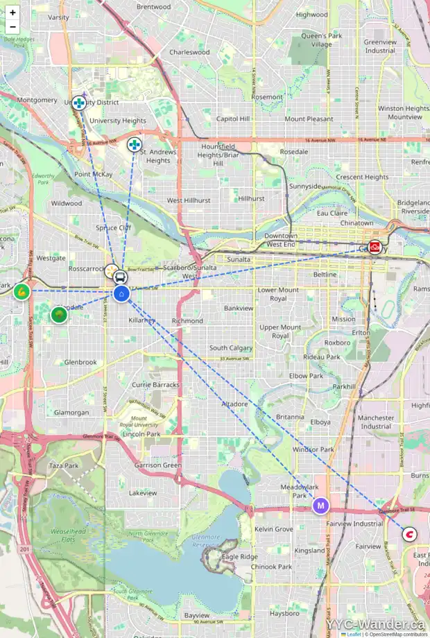 Daily accessibility map for 1920 34 ST SW, Calgary showing nearby schools, grocery stores, parks, LRT stations and nearby amenities