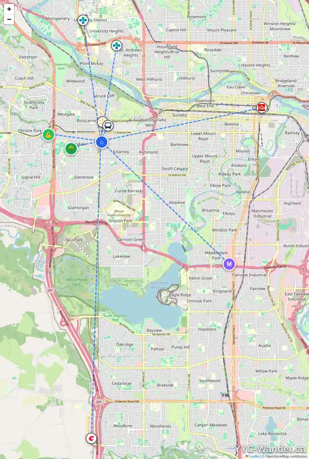 Daily accessibility map for 2035 36 ST SW, Calgary showing nearby schools, grocery stores, parks, LRT stations and nearby amenities