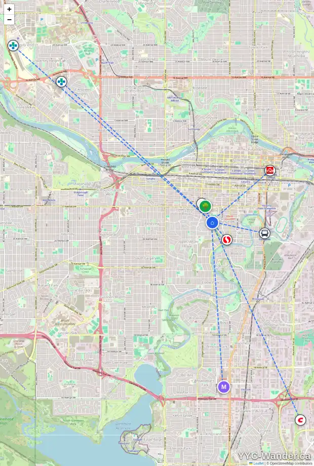 Daily accessibility map for 704 DURHAM AV SW, Calgary showing nearby schools, grocery stores, parks, LRT stations and nearby amenities