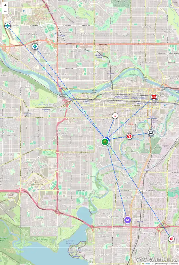 Daily accessibility map for 2713 10 ST SW, Calgary showing nearby schools, grocery stores, parks, LRT stations and nearby amenities