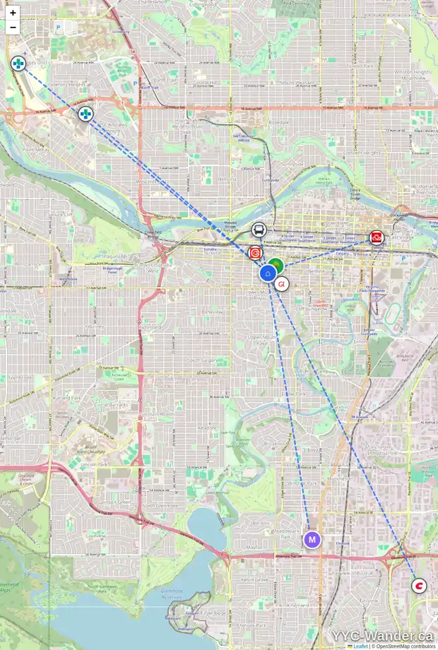 Daily accessibility map for 604 1020 14 AV SW, Calgary showing nearby schools, grocery stores, parks, LRT stations and nearby amenities