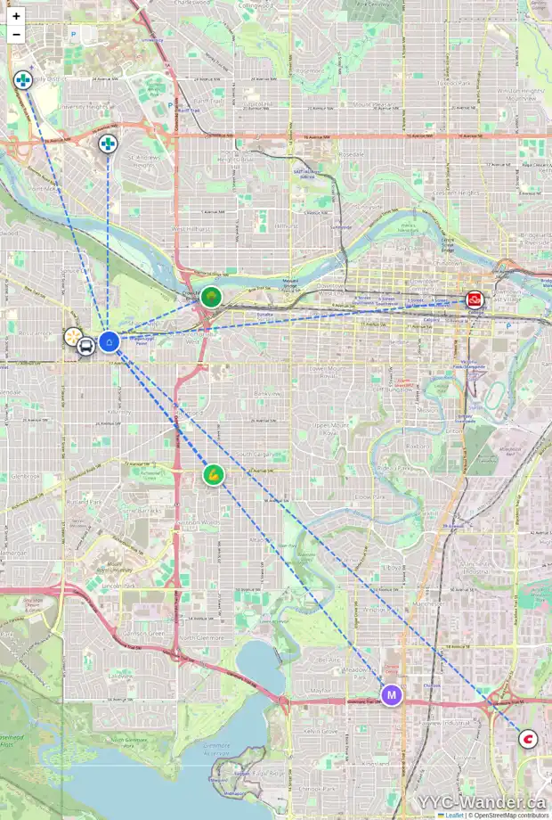 Daily accessibility map for 3116 13 AV SW, Calgary showing nearby schools, grocery stores, parks, LRT stations and nearby amenities