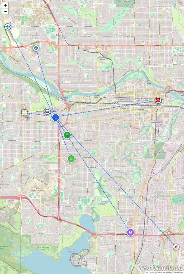Daily accessibility map for 1702 25 ST SW, Calgary showing nearby schools, grocery stores, parks, LRT stations and nearby amenities