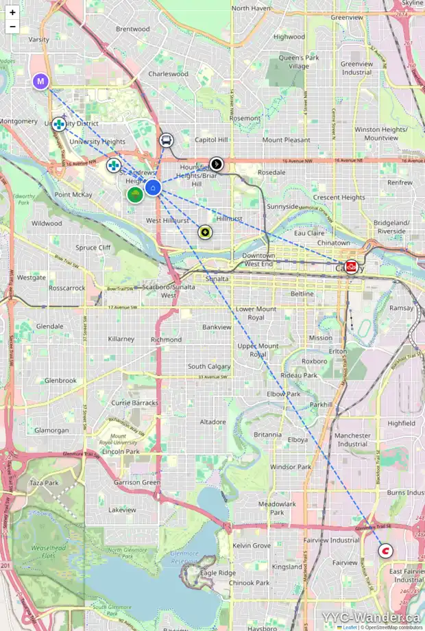 Daily accessibility map for 2511 12 AV NW, Calgary showing nearby schools, grocery stores, parks, LRT stations and nearby amenities
