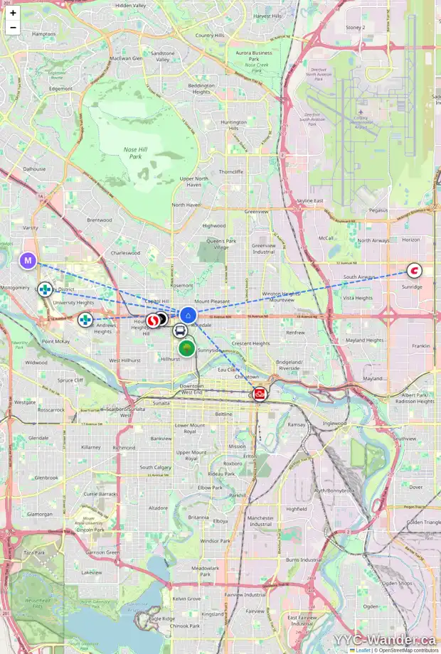 Daily accessibility map for 1215 17 AV NW, Calgary showing nearby schools, grocery stores, parks, LRT stations and nearby amenities
