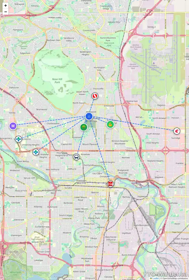 Daily accessibility map for 828 40 AV NW, Calgary showing nearby schools, grocery stores, parks, LRT stations and nearby amenities