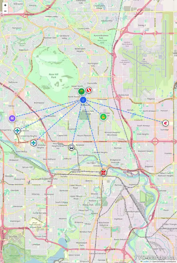 Daily accessibility map for 389 HENDON DR NW, Calgary showing nearby schools, grocery stores, parks, LRT stations and nearby amenities