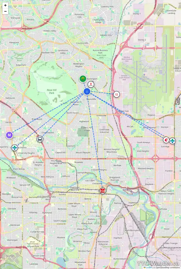 Daily accessibility map for 724 64 AV NW, Calgary showing nearby schools, grocery stores, parks, LRT stations and nearby amenities