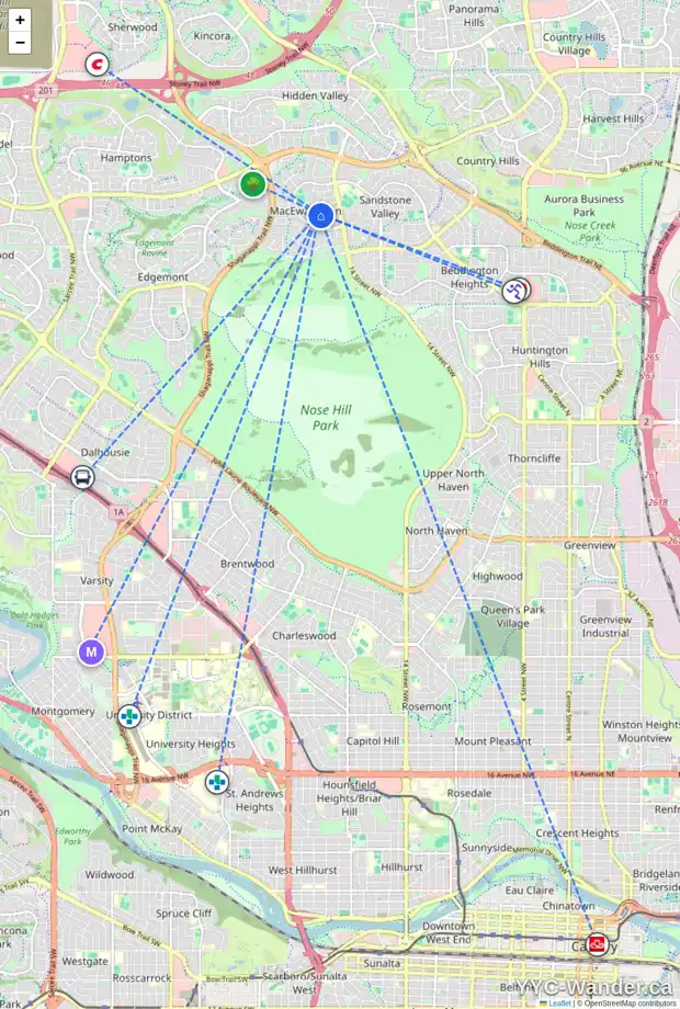 Daily accessibility map for 60 MACEWAN PARK RD NW, Calgary showing nearby schools, grocery stores, parks, LRT stations and nearby amenities