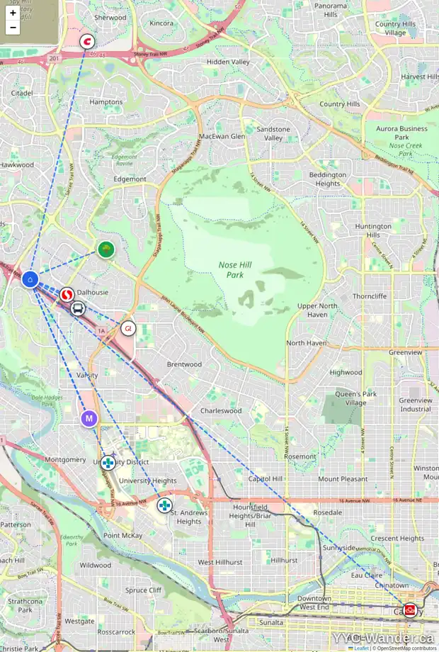 Daily accessibility map for 6003 BAROC RD NW, Calgary showing nearby schools, grocery stores, parks, LRT stations and nearby amenities