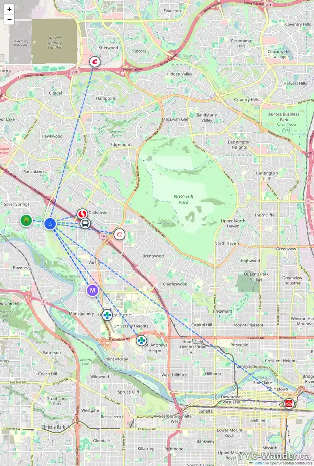Daily accessibility map for 1457 VARSITY ESTATES DR NW, Calgary showing nearby schools, grocery stores, parks, LRT stations and nearby amenities