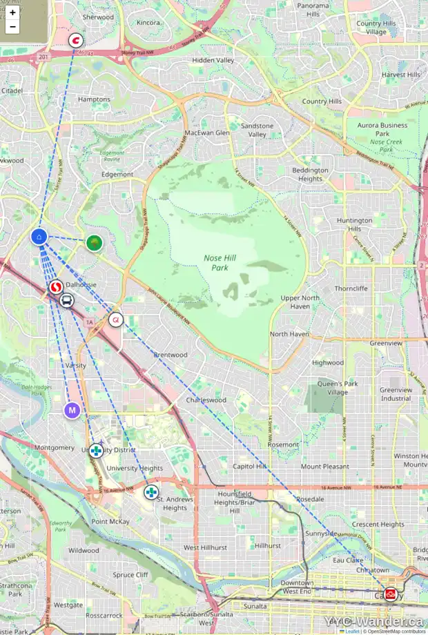 Daily accessibility map for 11 DALCASTLE PL NW, Calgary showing nearby schools, grocery stores, parks, LRT stations and nearby amenities