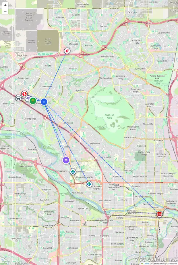 Daily accessibility map for 27 RANCHRIDGE CR NW, Calgary showing nearby schools, grocery stores, parks, LRT stations and nearby amenities