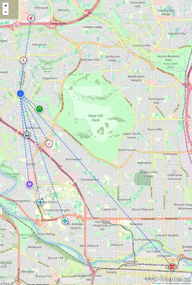 Daily accessibility map for 149 EDGEHILL DR NW, Calgary showing nearby schools, grocery stores, parks, LRT stations and nearby amenities