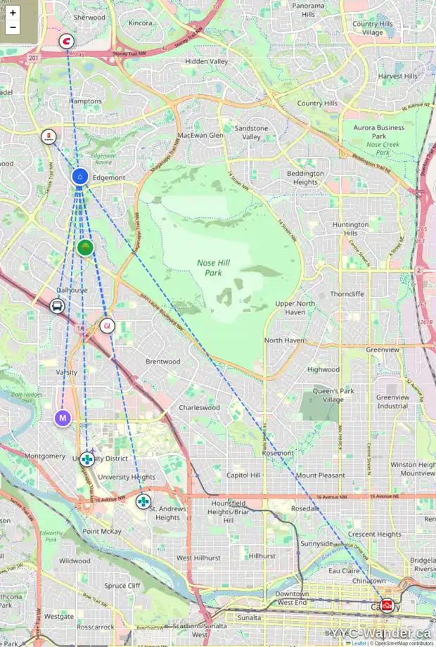 Daily accessibility map for 99 EDGEVIEW DR NW, Calgary showing nearby schools, grocery stores, parks, LRT stations and nearby amenities