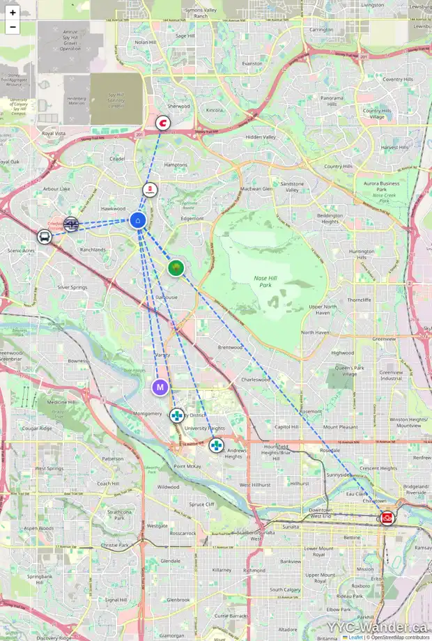 Daily accessibility map for 212 HAWKWOOD BV NW, Calgary showing nearby schools, grocery stores, parks, LRT stations and nearby amenities