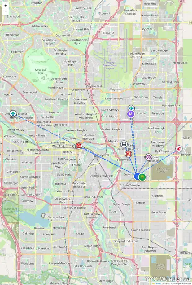 Daily accessibility map for 84 ERIN WOODS BV SE, Calgary showing nearby schools, grocery stores, parks, LRT stations and nearby amenities