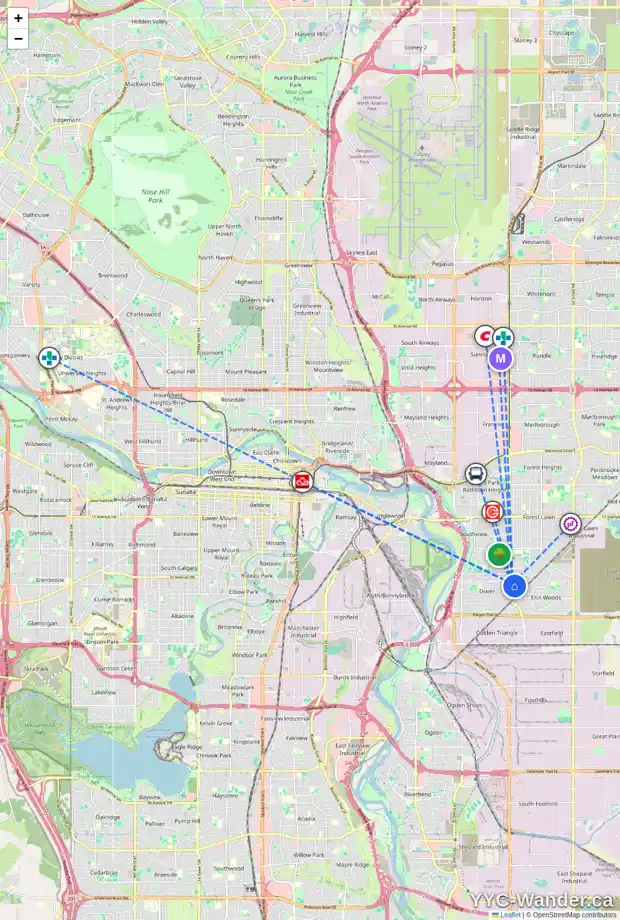 Daily accessibility map for 15 DOVER MEADOW CL SE, Calgary showing nearby schools, grocery stores, parks, LRT stations and nearby amenities