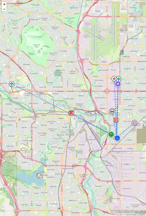 Daily accessibility map for 28 DOVER RIDGE PL SE, Calgary showing nearby schools, grocery stores, parks, LRT stations and nearby amenities