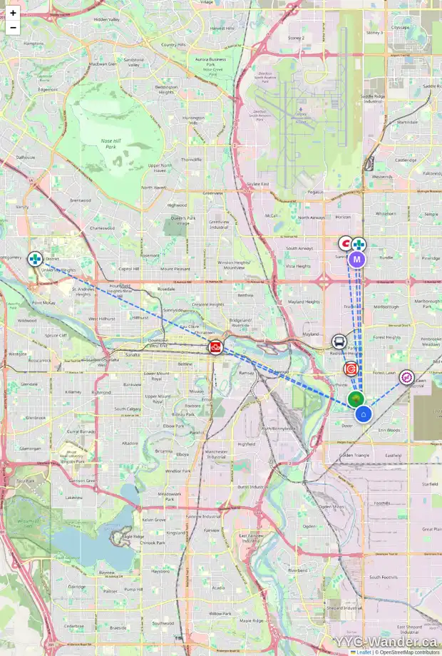 Daily accessibility map for 3460 32A AV SE, Calgary showing nearby schools, grocery stores, parks, LRT stations and nearby amenities