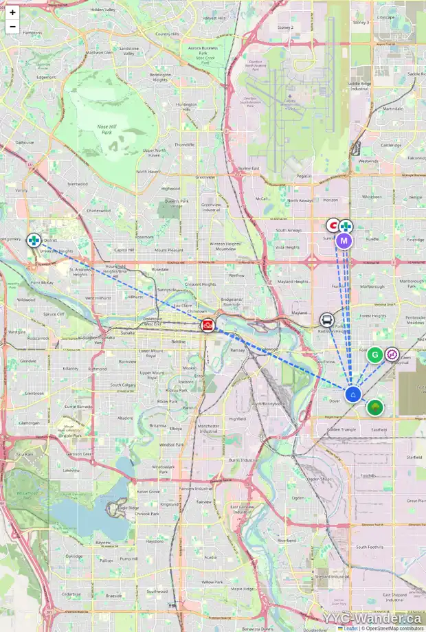 Daily accessibility map for 140 DOVERCLIFFE WY SE, Calgary showing nearby schools, grocery stores, parks, LRT stations and nearby amenities