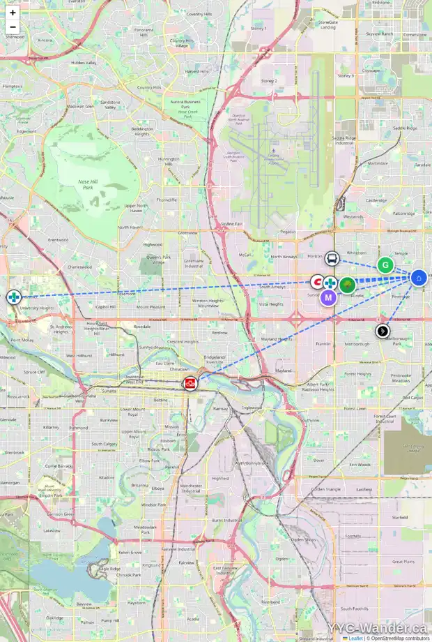 Daily accessibility map for 1075 PINECLIFF DR NE, Calgary showing nearby schools, grocery stores, parks, LRT stations and nearby amenities