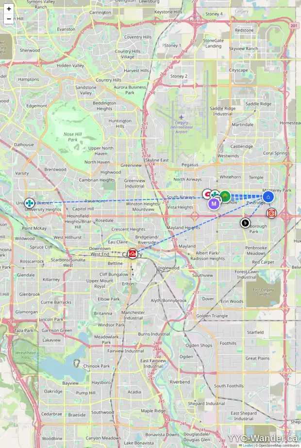 Daily accessibility map for 911 PINECLIFF DR NE, Calgary showing nearby schools, grocery stores, parks, LRT stations and nearby amenities
