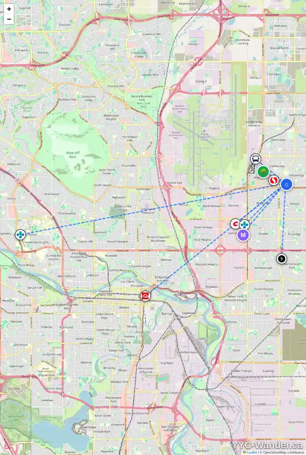 Daily accessibility map for 33 1155 FALCONRIDGE DR NE, Calgary showing nearby schools, grocery stores, parks, LRT stations and nearby amenities