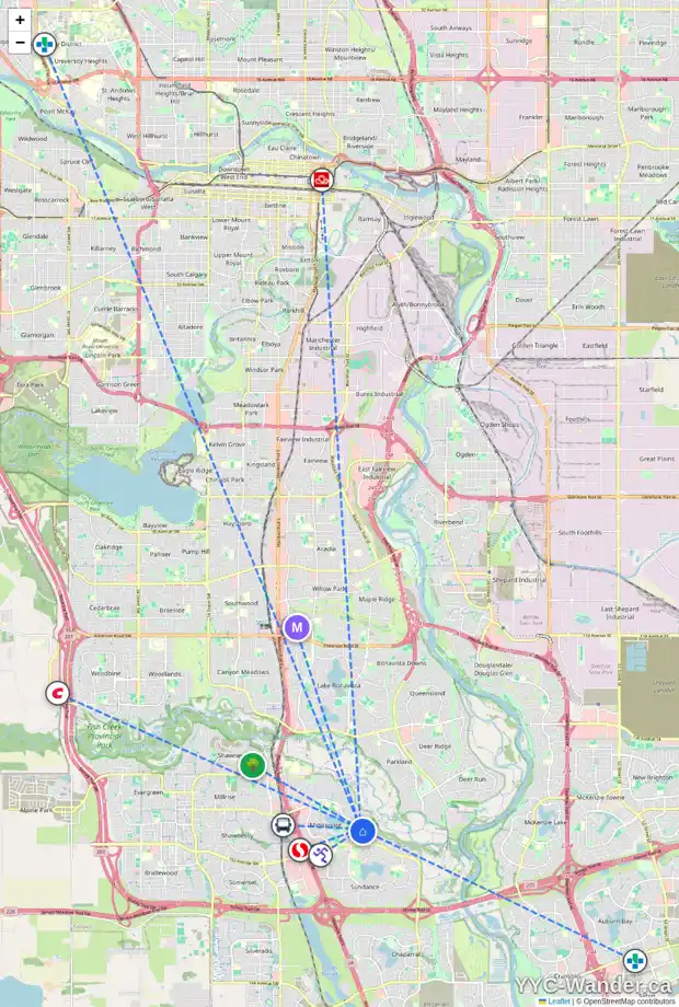Daily accessibility map for 360 MIDVALLEY DR SE, Calgary showing nearby schools, grocery stores, parks, LRT stations and nearby amenities