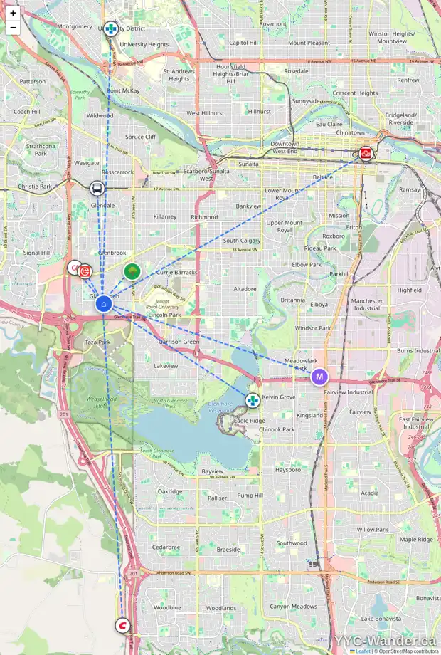 Daily accessibility map for 4712 45 ST SW, Calgary showing nearby schools, grocery stores, parks, LRT stations and nearby amenities