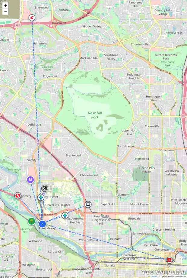 Daily accessibility map for 1902 80 POINT MCKAY CR NW, Calgary showing nearby schools, grocery stores, parks, LRT stations and nearby amenities