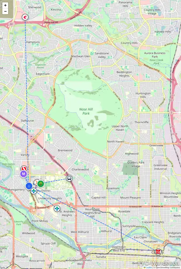 Daily accessibility map for 2811 MACKAY RD NW, Calgary showing nearby schools, grocery stores, parks, LRT stations and nearby amenities