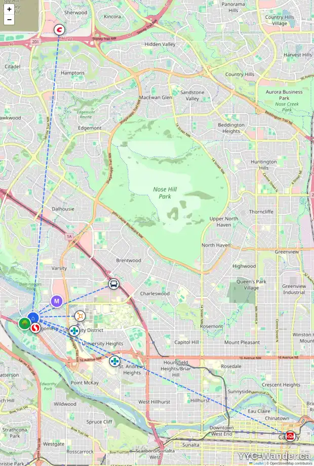 Daily accessibility map for 5208 18 AV NW, Calgary showing nearby schools, grocery stores, parks, LRT stations and nearby amenities