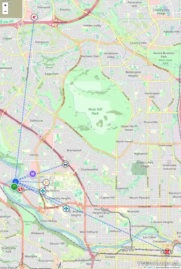 Daily accessibility map for 72 BOW LD NW, Calgary showing nearby schools, grocery stores, parks, LRT stations and nearby amenities