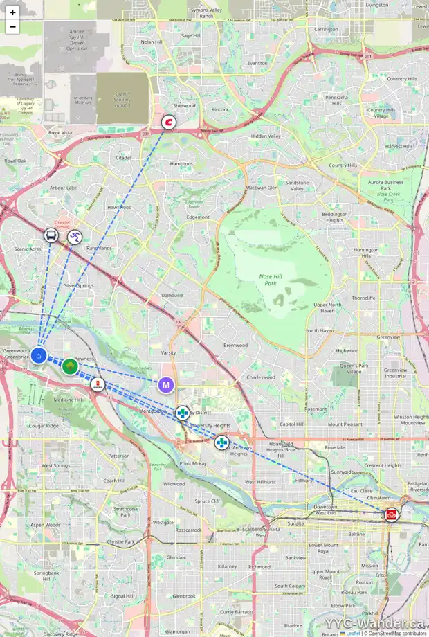 Daily accessibility map for 8615 33 AV NW, Calgary showing nearby schools, grocery stores, parks, LRT stations and nearby amenities