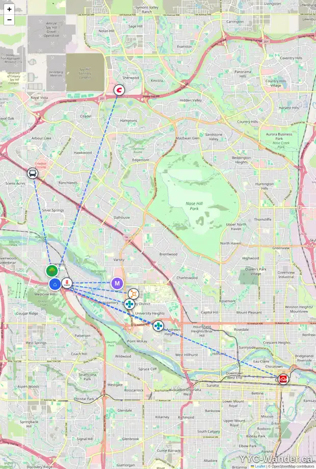 Daily accessibility map for 3415 BONITA CR NW, Calgary showing nearby schools, grocery stores, parks, LRT stations and nearby amenities