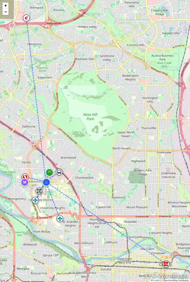 Daily accessibility map for 18 VARMOOR PL NW, Calgary showing nearby schools, grocery stores, parks, LRT stations and nearby amenities