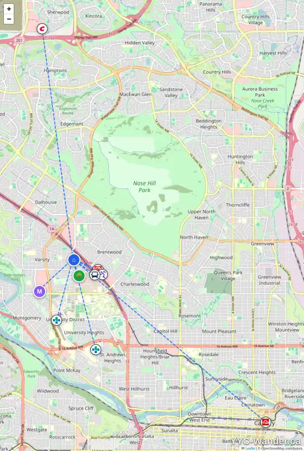 Daily accessibility map for 3832 VANCOUVER CR NW, Calgary showing nearby schools, grocery stores, parks, LRT stations and nearby amenities