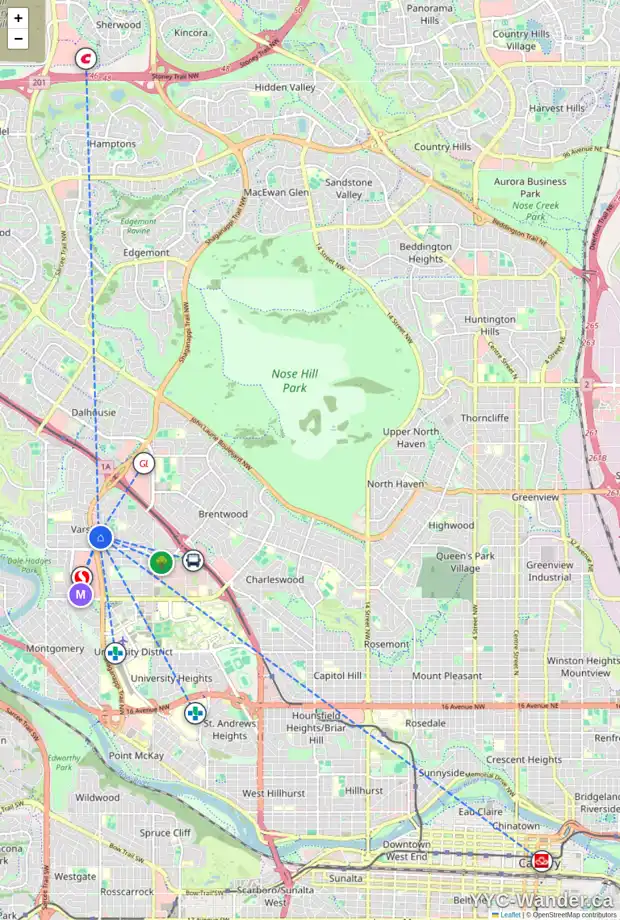 Daily accessibility map for 4547 VANDERGRIFT CR NW, Calgary showing nearby schools, grocery stores, parks, LRT stations and nearby amenities