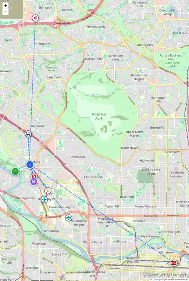 Daily accessibility map for 5107 VALIANT DR NW, Calgary showing nearby schools, grocery stores, parks, LRT stations and nearby amenities