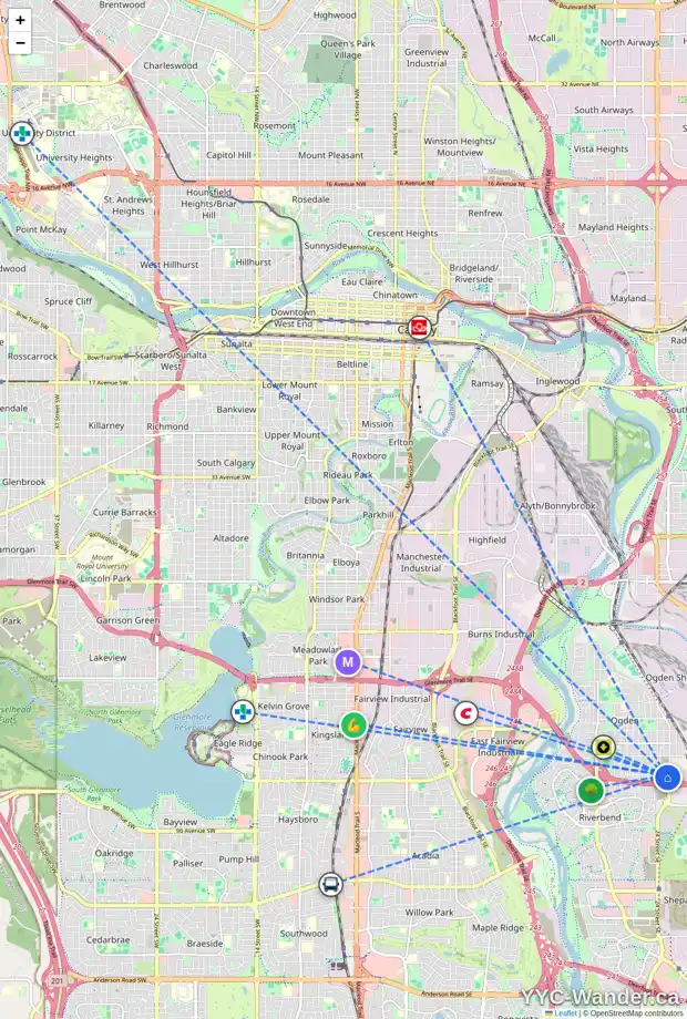 Daily accessibility map for 8028 25 ST SE, Calgary showing nearby schools, grocery stores, parks, LRT stations and nearby amenities