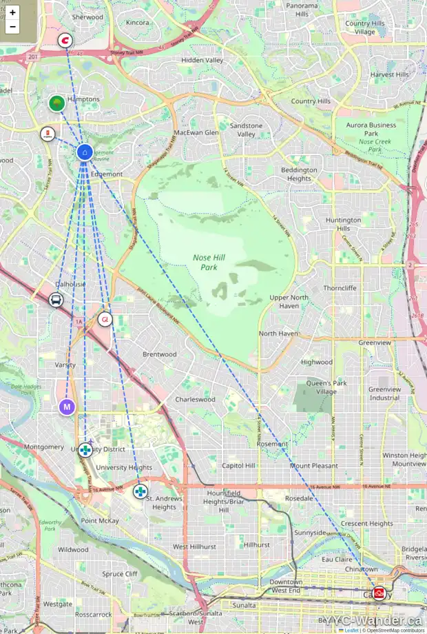 Daily accessibility map for 4136 EDGEVALLEY LD NW, Calgary showing nearby schools, grocery stores, parks, LRT stations and nearby amenities