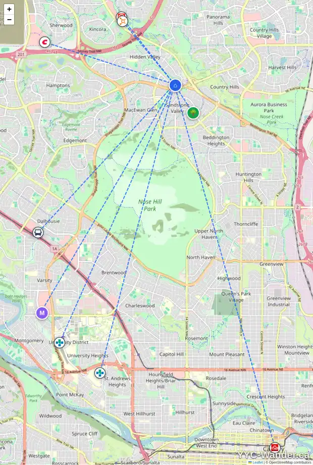 Daily accessibility map for 511 HIDDEN VALE PL NW, Calgary showing nearby schools, grocery stores, parks, LRT stations and nearby amenities