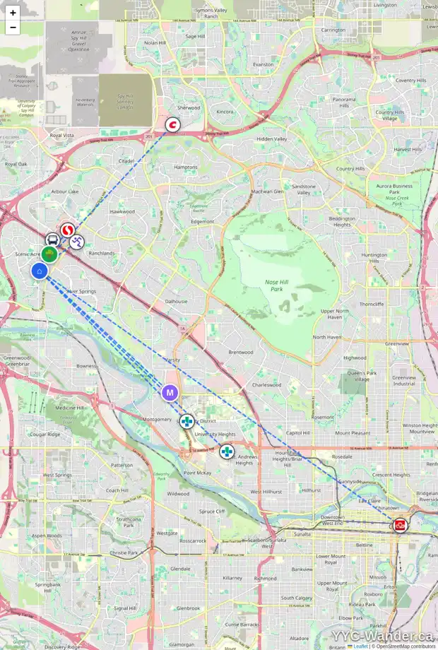 Daily accessibility map for 280 SCENIC GLEN PL NW, Calgary showing nearby schools, grocery stores, parks, LRT stations and nearby amenities