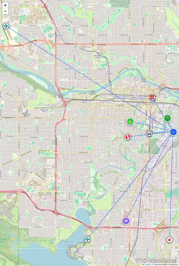 Daily accessibility map for 736 24 AV SE, Calgary showing nearby schools, grocery stores, parks, LRT stations and nearby amenities