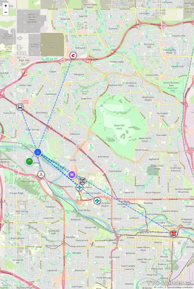 Daily accessibility map for 7140 BOW CR NW, Calgary showing nearby schools, grocery stores, parks, LRT stations and nearby amenities