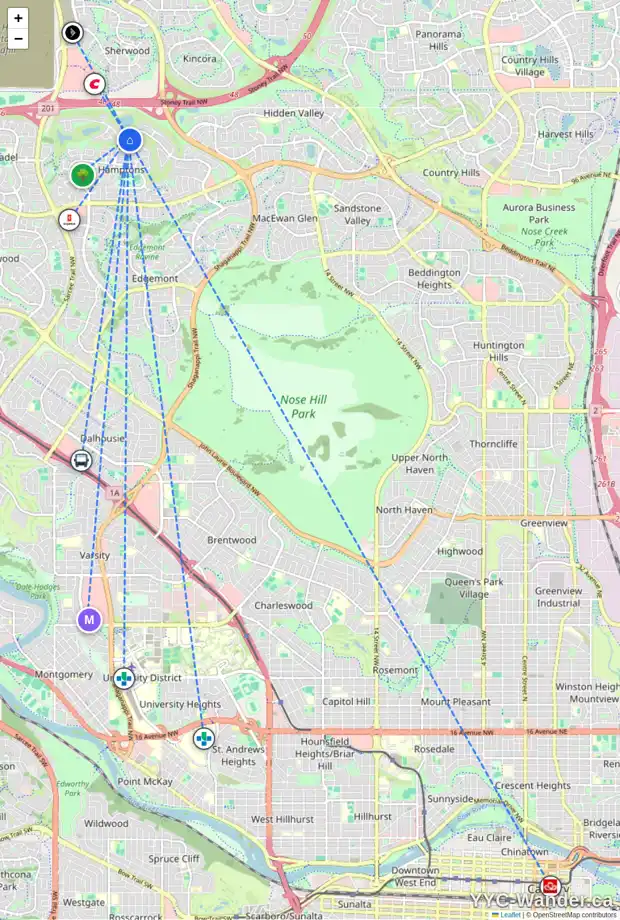 Daily accessibility map for 80 HAMPTONS DR NW, Calgary showing nearby schools, grocery stores, parks, LRT stations and nearby amenities