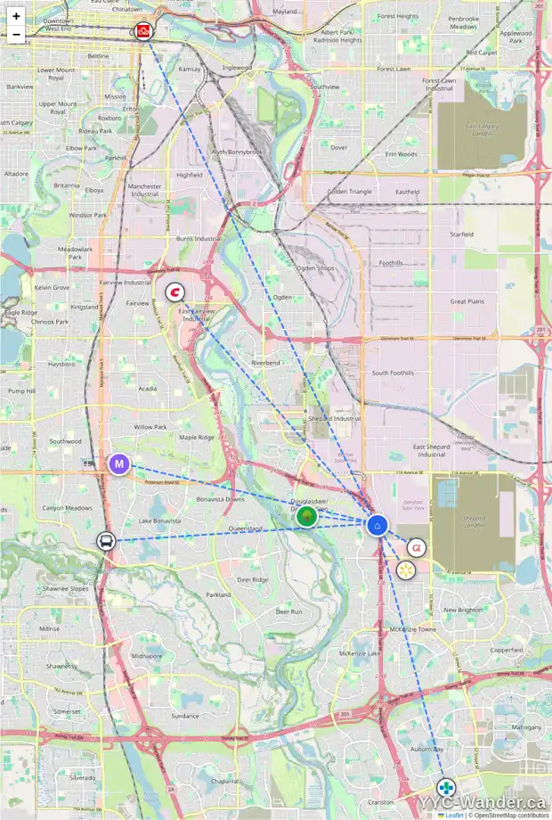 Daily accessibility map for 140 DOUGLAS RIDGE CL SE, Calgary showing nearby schools, grocery stores, parks, LRT stations and nearby amenities